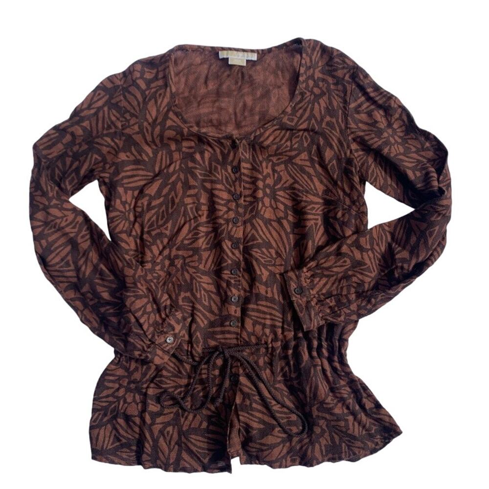 Michael Kors Linen Long Sleeve Brown Floral Button Down SP